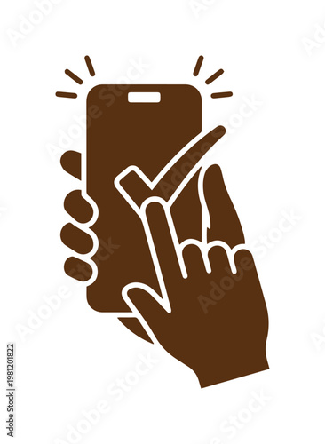 スマートフォンを操作する手のベクターイラスト、モバイルアプリの確認や承認を示すシンプルなアイコン、デジタルデバイスのインタラクションとユーザーエクスペリエンスの概念