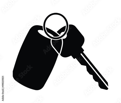 車のキーとキーホルダーのシンプルなモノクロベクターイラスト、自動車の鍵とキーリングのアイコンセット、交通手段やセキュリティの概念を表すグラフィック素材