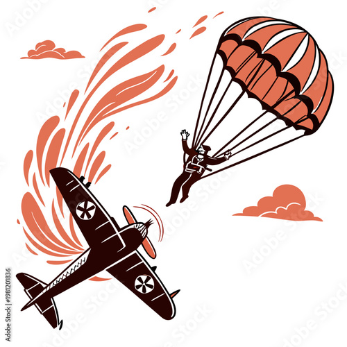 A vintage illustration depicts a daring skydiver leaping from an airplane with fiery trails and stylized clouds surrounding the dramatic descent