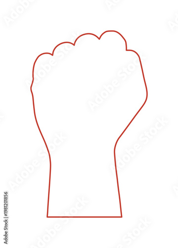 力強く握りしめられた拳のアウトラインベクターイラスト、決意と抵抗を示すシンプルな線画、白背景に映えるミニマルなデザイン、抗議や団結のシンボルとして