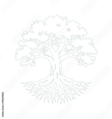 生命の木、力強い根と豊かな葉を持つシンボルツリーのミニマルな線画イラスト。自然、成長、繋がりを表現するベクター素材。
