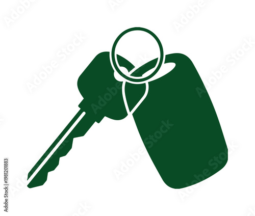 鍵とキーホルダーのシンプルな緑色ベクターアイコン。セキュリティ、アクセス、所有権を示すミニマルなグラフィック素材。ビジネス、不動産、自動車関連デザインに最適なシンボル。