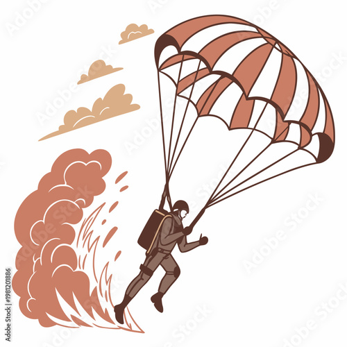 A stylized illustration depicts a skydiver descending with a striped parachute drifting amongst fluffy clouds and fiery plumes high quality professional detailed