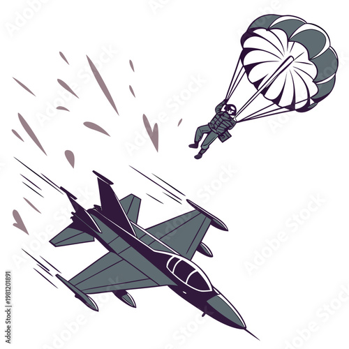 A stylized illustration depicts a parachutist descending near a fighter jet in mid air showcasing a daring aerial maneuver high quality professional