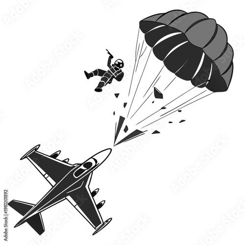 A dramatic black and white illustration depicts a skydiver falling from a plane with a jet aircraft flying below high quality professional