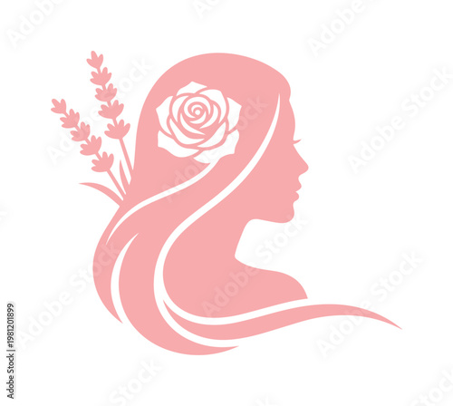 エレガントな女性の横顔とバラ、ラベンダーのシルエットイラスト。美容、スパ、アロマ、ウェルネス、フェミニンなデザインに最適なベクター素材。