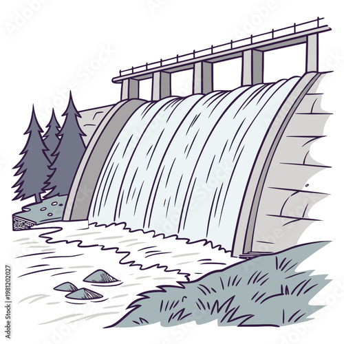 A simplified illustration depicts a concrete dam with water cascading over its spillway into a river below framed by trees high quality
