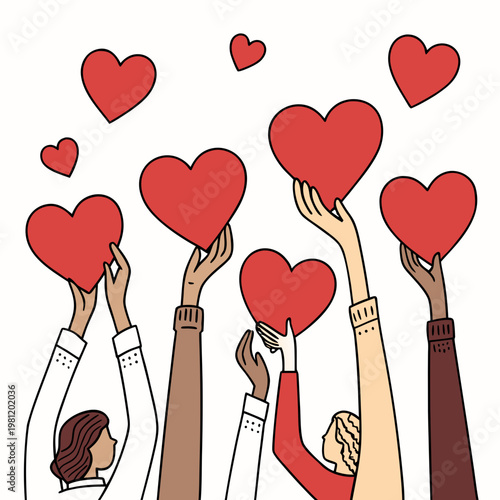 A diverse group of hands reach upwards holding and surrounded by vibrant red hearts symbolizing love connection and unity high quality professional