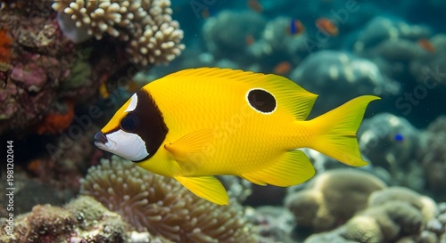 Bright yellow foxface rabbitfish swims among vibrant coral reef during daylight