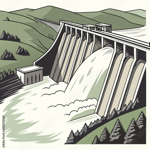 A detailed illustration depicts a massive concrete dam releasing a powerful surge of water framed by rolling hills and mountains high quality