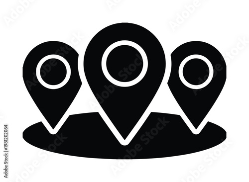 複数の場所を示す黒いマップピンアイコン、位置情報と目的地を示すシンプルなベクターイラスト、ビジネスや旅行のロケーションサービスに最適なグラフィック素材