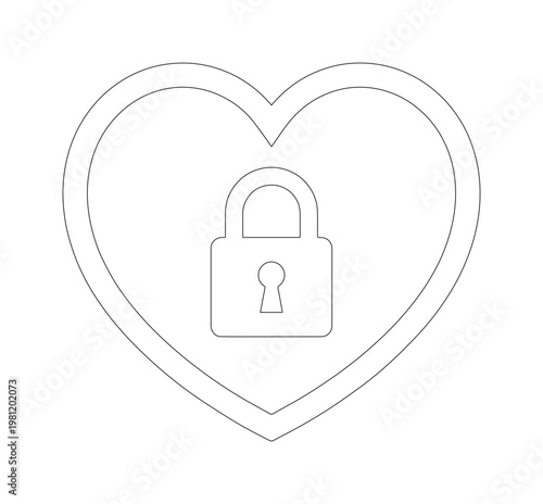 ハートと南京錠のシンプルな線画アイコン、愛とセキュリティを象徴するミニマルなベクターイラスト、デジタルデザインやウェブサイトのグラフィック素材に最適