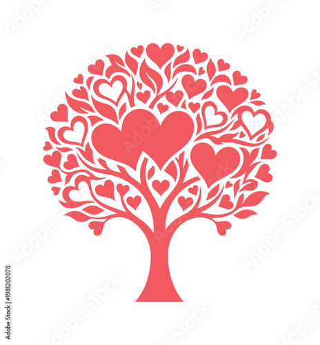 愛と生命の象徴、ハートの葉が茂るロマンチックな木々。バレンタインデーや結婚式のデザインに最適な、温かい感情を表現するベクターイラスト。