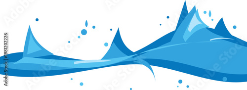 Dynamic blue water splash vector, flowing liquid wave with droplets, abstract ocean surf element for beverage and hygiene design