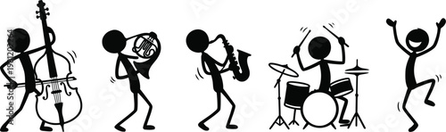 Stick figure musicians playing various musical instruments