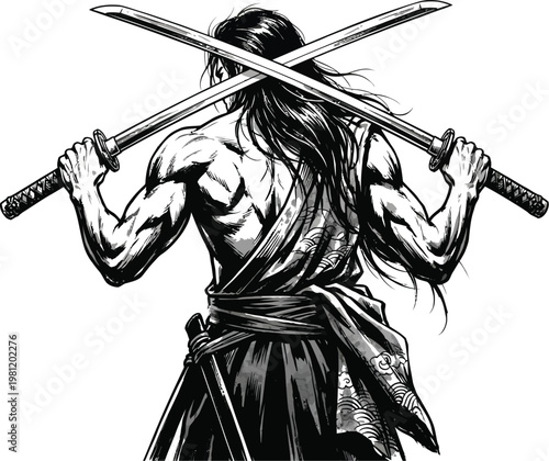 Back view of a muscular samurai warrior holding two crossed katanas