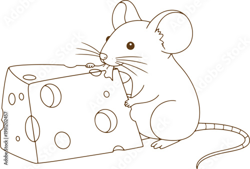 Mouse eating cheese slice, line drawing on checkered background, cute cartoon animal.