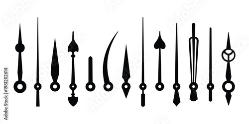 A collection of various clock hands in a minimalist black and white design