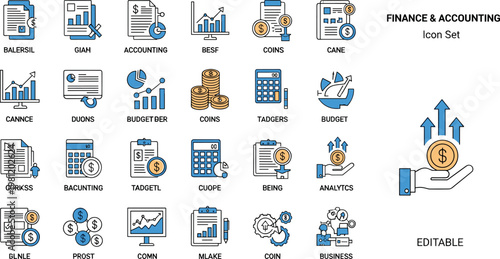 Finance and accounting flat icon set with budgeting analytics money management reports and business financial symbols for applications