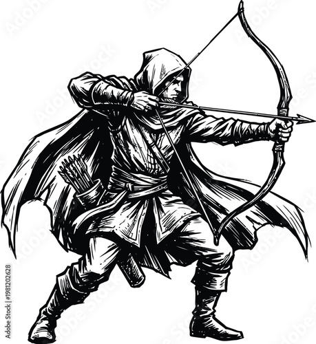Black and white illustration of a hooded archer aiming a bow