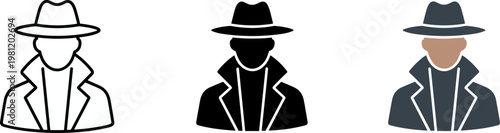 Detective spy icons illustration, outline silhouette colored versions, trench coat wide hat figure artwork, mysterious secret agent concept, modern graphic design logo