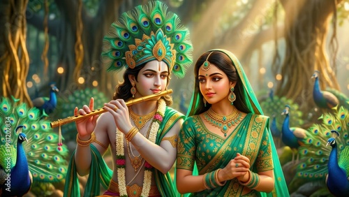 Radha Krishna peacock forest divine nature wallpaper