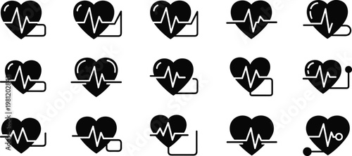 Black heart vector icons with electrocardiogram line variations, medical cardiology silhouette set for healthcare, fitness, wellness, monitoring design