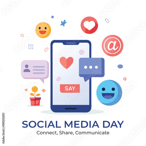 Social media concept with smartphone emojis and communication icons displayed