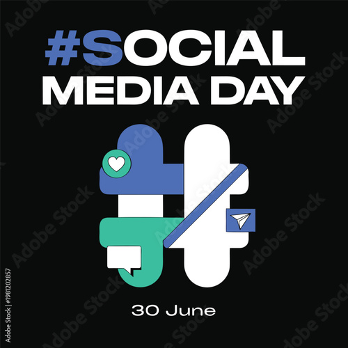 Social media day graphic with hashtags icons and date announcement