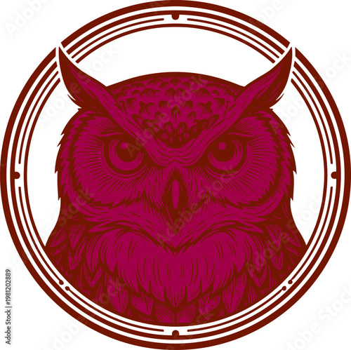 Geometric owl head illustration, circular frame design, maroon red symmetrical artwork, detailed feather patterns, wise animal emblem, modern abstract wildlife graphic concept
