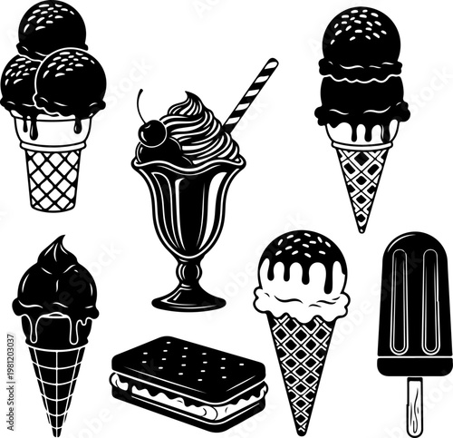 Summer Ice Cream Black silhouette Vector illustration