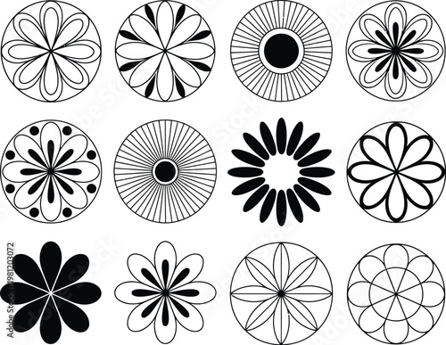 Mandala icon set floral geometric meditation symbols black vector illustration decorative spiritual pattern isolated white background