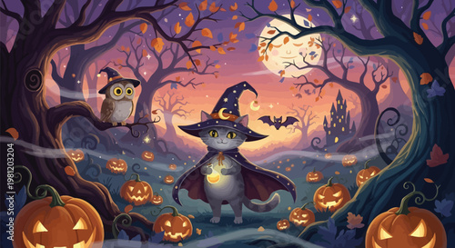 Enchanted forest scene with mystical creatures under a glowing moonlit sky Vector