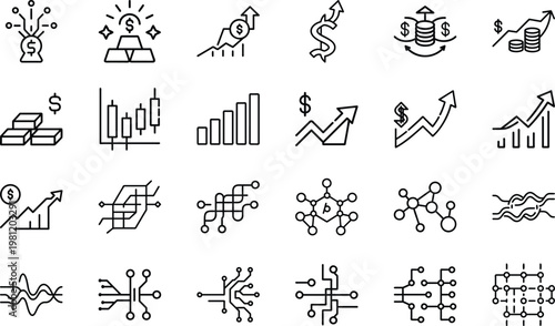 Financial market growth analysis and trading strategy icons for economy and gold investing.