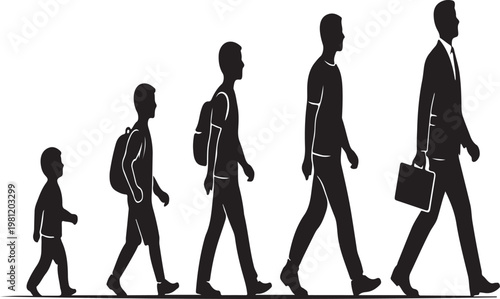 Evolution of man a silhouette progression depicting life stages from childhood to professional adulthood