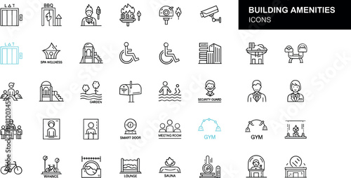 Building amenities line icon set with facilities services accessibility security recreation and residential property symbols for real estate icon