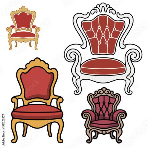 Ornate throne chair illustrations in different styles for interior design and luxury decor.