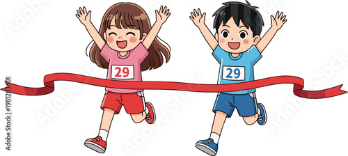 Happy kids crossing finish line vector illustration with running race competition and victory celebration cartoon scene