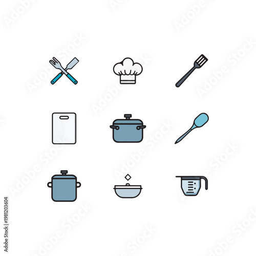 Set of 9 kitchen tools icons, cooking utensils collection, simple cartoon style kitchen equipment, spoon fork, knife, pan, whisk, spatula icons set