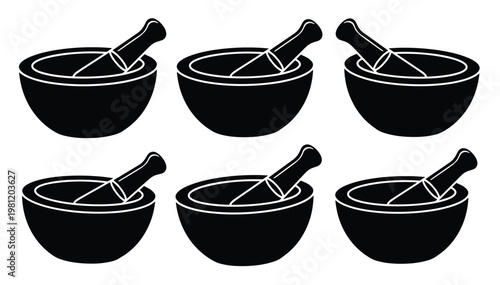 薬研と乳棒のモノクロベクターアイコンセット、伝統的な薬作りやハーブ調合に使う道具のシンプルなイラスト、医療、料理、科学実験のシンボル、6種類のバリエーション