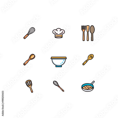 Set of 9 kitchen tools icons, cooking utensils collection, simple cartoon style kitchen equipment, spoon fork, knife, pan, whisk, spatula icons set