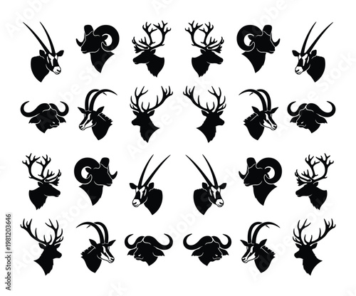 野生動物の頭部シルエットコレクション、雄大な角を持つ鹿、レイヨウ、ヒツジ、バッファローのベクターアイコンセット。狩猟、アウトドア、自然をテーマにしたデザインに。