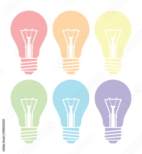 パステルカラーの電球アイコンセット、創造性とアイデアを象徴するカラフルなライトバルブのベクターイラスト素材、ひらめきや解決策の表現に最適なグラフィックリソース