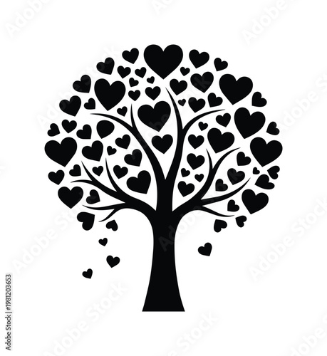 愛の木、ハートの葉が茂るロマンチックなシルエットベクターイラスト。バレンタインデー、結婚式、記念日、愛と生命の象徴に最適なデザイン素材。