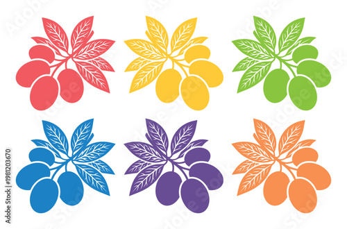 カラフルな果実の枝葉、多様な色合いの植物イラストレーション、デザイン素材に最適なベクターコレクション、自然の恵みを表現するグラフィックリソース
