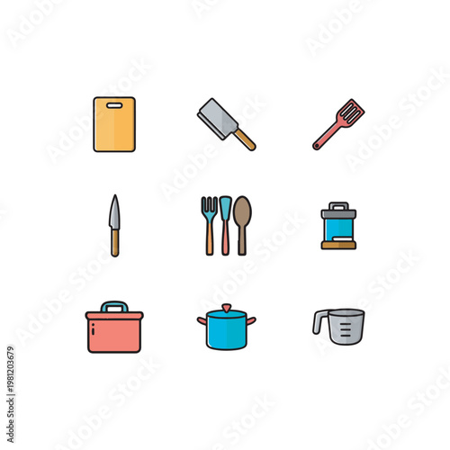Set of 9 kitchen tools icons, cooking utensils collection, simple cartoon style kitchen equipment, spoon fork, knife, pan, whisk, spatula icons set