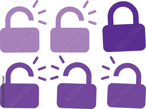 セキュリティとアクセスの概念を表現する、開いた状態の南京錠と閉じた状態の南京錠のベクターアイコンセット。デジタルセキュリティ、プライバシー、データ保護、ロック解除、アクセス許可のシンボルとして、ウェブサイトやアプリのデザインに最適です。