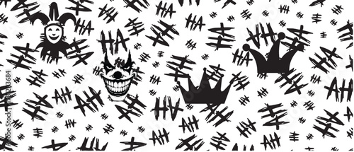 Abstract chaotic pattern with jester heads crowns and scribbled text in black and white style, joker.
