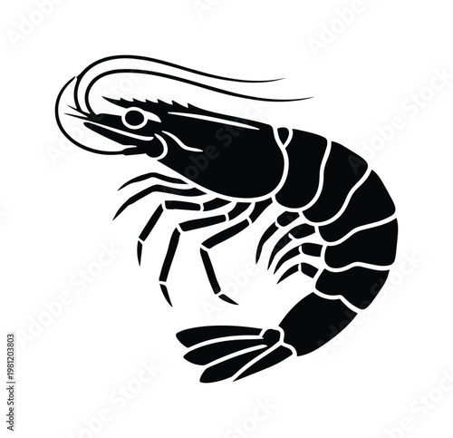 力強いエビのシルエット、黒い単色で表現された新鮮な海老のベクターイラスト。水産物、シーフード、甲殻類を象徴するシンプルなアイコンデザイン。