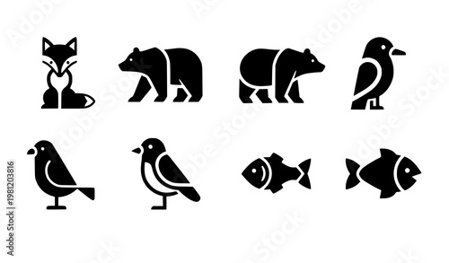 Minimal wild animal silhouette icon set fox bear bird fish vector isolated on white background